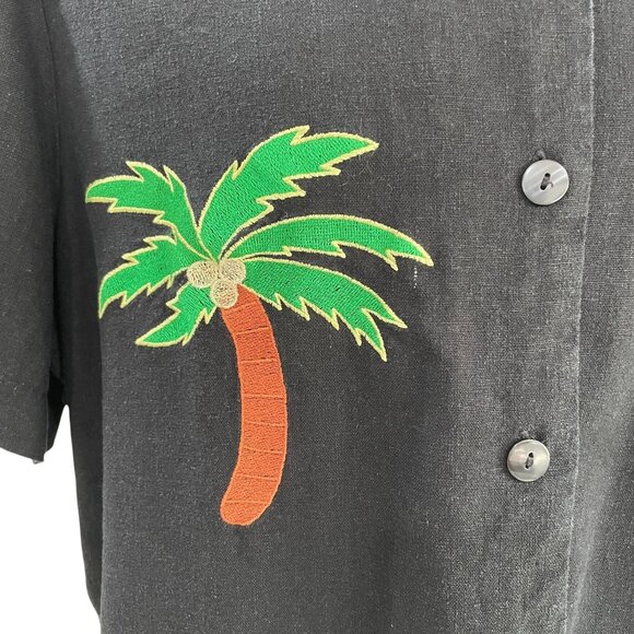 Tropical Palm Tree Button Shirt Black Linen Blend Beach Coastal Resort Vacation - Picture 6 of 8